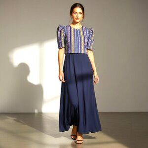 Navy-blue/Multicolored Woven Fabric Ethnic Bolero with Mestiza Sleeves